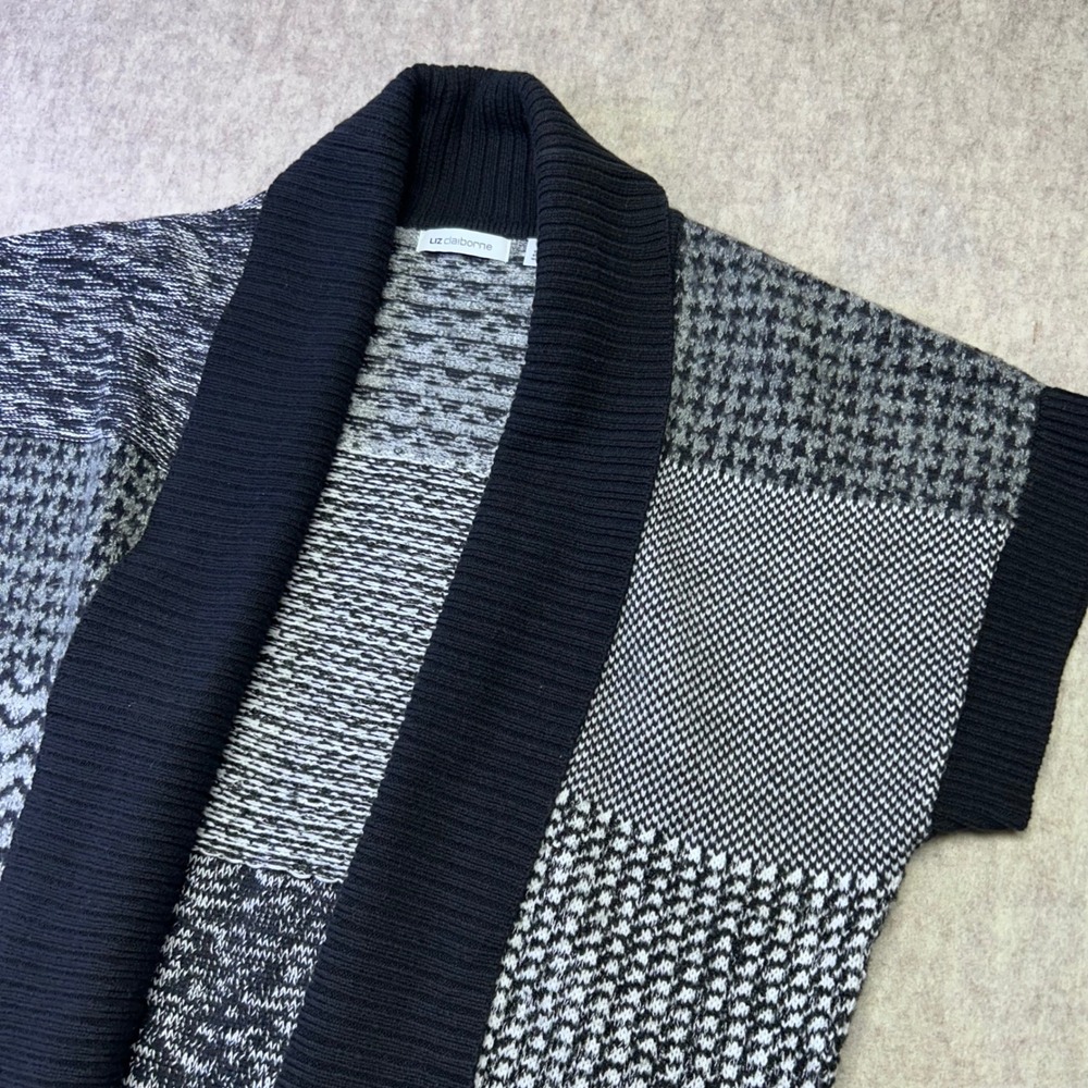Liz Claiborne Women Patchwork Knit Vest Open Cardigan Black White XL